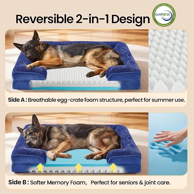OhGeni Orthopedic Dog Bed Couch Big Cat Sofa for Extra Large Sized Pets with Memory Foam, Machine-Washable Waterproof Removable Cover, Soft Comfortable Fabric, 44-inch (Blue)