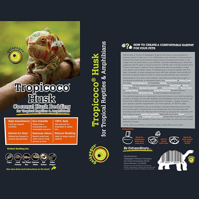 Galápagos (05020) Tropicoco® Husk Bedding for Reptiles, Amphibians, & Terrariums High Absorbency, Eco-Friendly, Dust-Free Perfect for Water Dragons, Tortoises, Snakes, & More, 8QT Compressed Brick