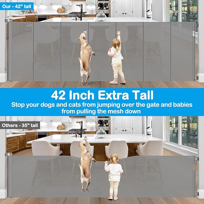 Reinforced 42" Extra Tall Retractable Baby Gate-Prevent Crawling Under, 200" Retractable Pet Gates for Wide Openings, 16ft Mesh Child Gates for Wide Openings, No Bottom Bar Indoor/Outdoor Baby gate