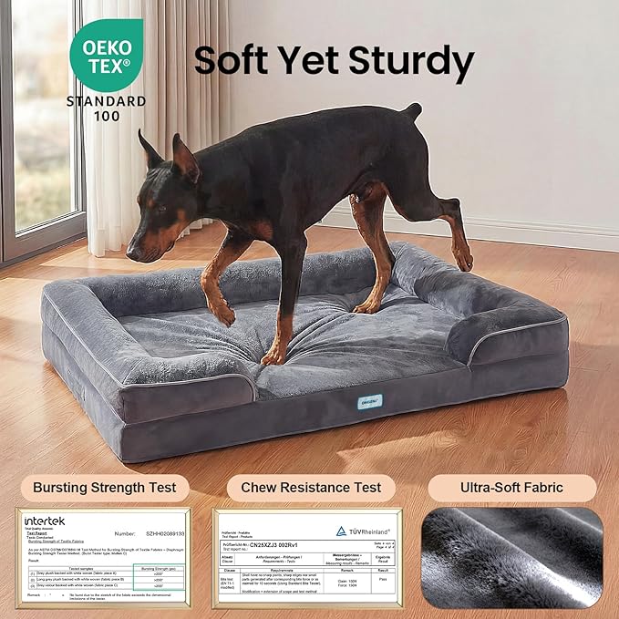 OhGeni Orthopedic Dog Bed Couch Big Cat Sofa for XXL Sized Pets with Memory Foam, Machine-Washable Waterproof Removable Cover, Soft Comfortable Fabric, 48-inch (Gray)