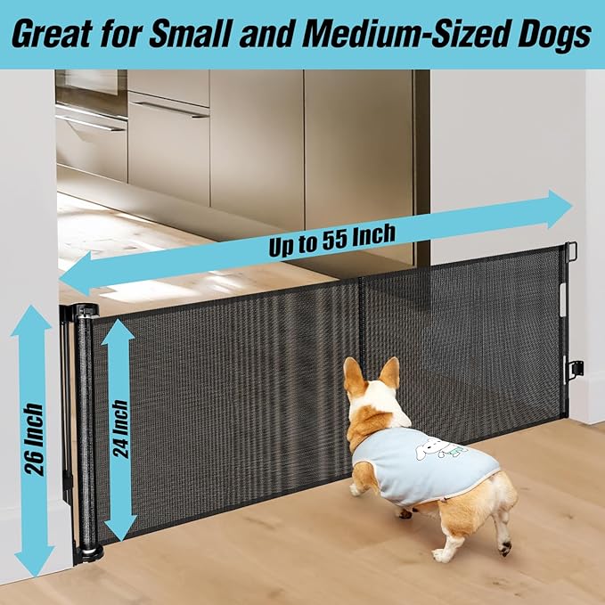 24 Inches Tall Retractable Baby Gates for Doorways, Short Dog Gates to Step Over, Extends up to 55" Wide, Reinforced Mesh Baby Gate for Kids or Pets, Doggie Gates Puppy Gates for The House (Black)