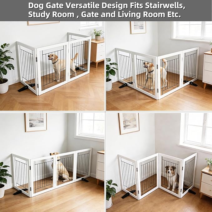 ZJSF Freestanding Dog Gate Indoor, Foldable Dog Fence for Doorways,Hallways or Stairs, Sturdy Wood Extra Wide Pet Gate with Support Feet,White,24 "Height-4 Panels