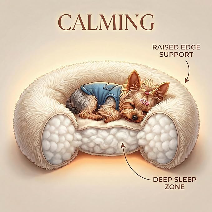 Extra Small Dog Bed 19 Inch,Calming Donut Puppy Bed,Ultra Soft Faux Fur Round Dog Bed for Chihuahua Yorkie Maltese Pomeranian,Beige