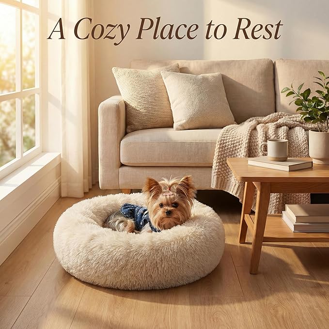 Extra Small Dog Bed 19 Inch,Calming Donut Puppy Bed,Ultra Soft Faux Fur Round Dog Bed for Chihuahua Yorkie Maltese Pomeranian,Beige