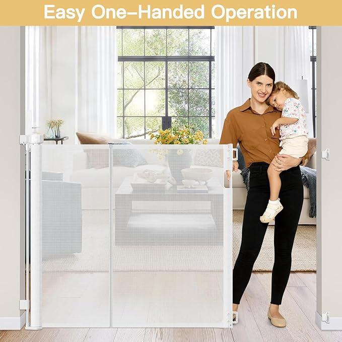 Reinforced 42" Extra Tall Retractable Baby Gates Tall Dog Gate with Support Rods, 55" Wide Mesh Gate Retractable Pet Gate Indoor/Outdoor Baby Gates for Dogs - Bottom Anti-Escape, White