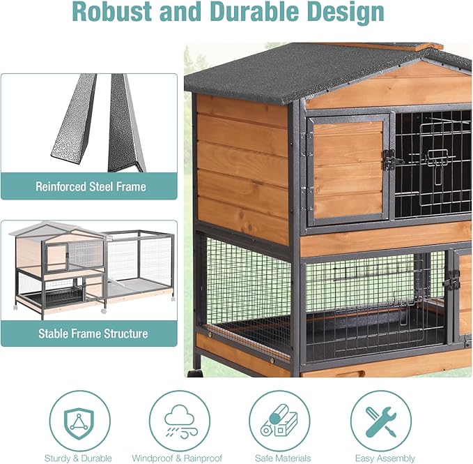 Suumerpety Rabbit Cage,Indoor Rabbit Hutch with Matel Frame and Pull Out Tray,Rabbit Hutch Chicken Coop with Run (Orange)
