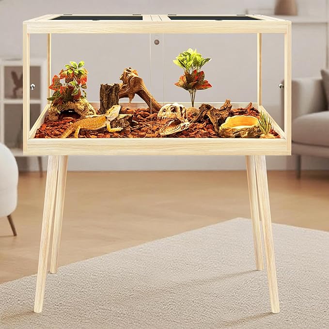 PROLEE Bearded Dragon Tank with Leg Stand 62 Gallons, Wooden Lizard Tank,Reptile Tank with Metal Mesh Roof Door, Acrylic Panel Snake Tank with Lock Design (Oak, 40"x20"x20")