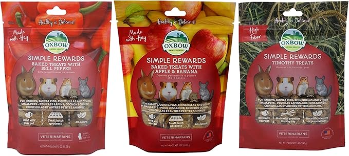 Small Animal Treats 3 Flavor Variety Bundle (1) Each: Baked Apple Banana, Baked Bell Pepper, Timothy, 1.4-2 Ounces.