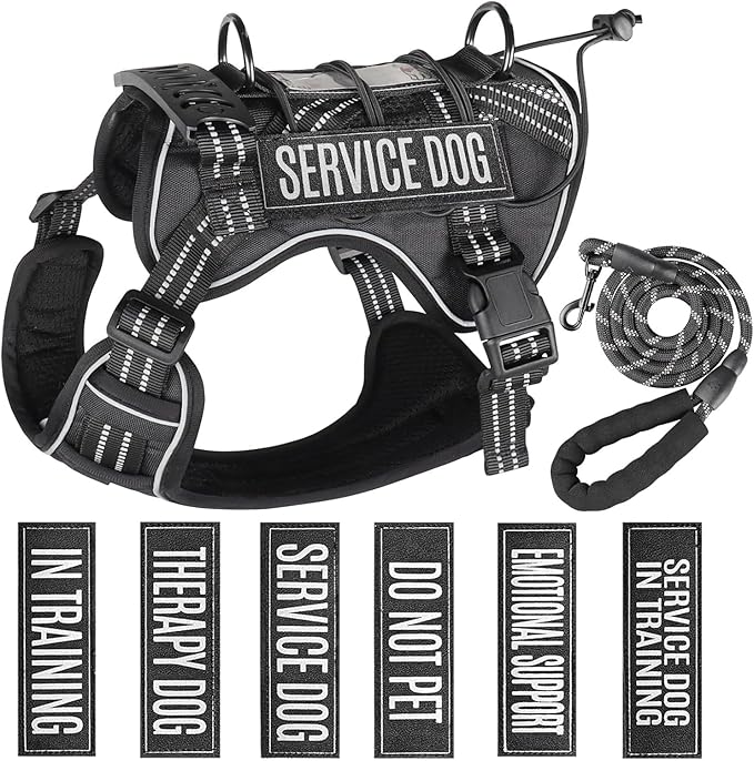 Service Dog Tactical Vest Harness and Leash Set Medium Sized Dog Emotional Support- Tactical Dog Harness Training Collar with Name (Black, S)