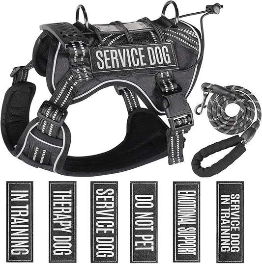 Service Dog Tactical Vest Harness and Leash Set Medium Sized Dog Emotional Support- Tactical Dog Harness Training Collar with Name (Black, S)