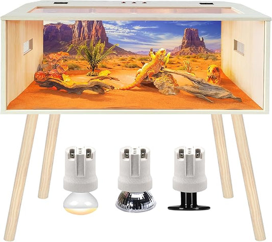 Prolee 80 Gallon Reptile Tank, Tempered Glass Bearded Dragon Tank with Wooden Roof and Lockable Doors, Large Lizard Habitat with Built-in Lamp Fixture for Snakes, Iguanas, Chameleons (Oak)