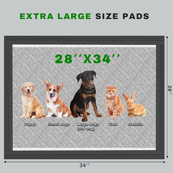 Charcoal Puppy Pads 28x34 Inches Extra Large Dog Pee Pads Odor-Control & Leak-Proof Disposable Pet Training Edge-Wrapping Thicken Potty Pad for Dogs, Cats, Rabbits (200 Pieces)