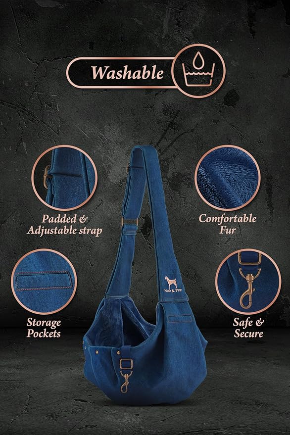 Noah & Paw Dog Sling Carrier for Small Dogs 3-10lb, Dog Sling for Small Dogs and Cats, Dog Carrier with Adjustable Padded Strap, Premium Denim, Lined with Fur, Double Safety Feature, Machine Washable