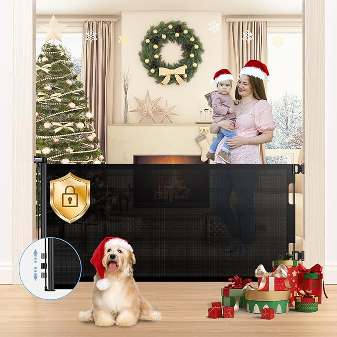 HAMOPY Retractable Baby Gates, 33" Tall, Extends up to 71" Extra Wide Baby Gate, Durable Auto-Lock Mesh Dog Gate, Pets and Child Safety Gates for Stairs, Doorways, Hallways, Indoor, Outdoor(Black)