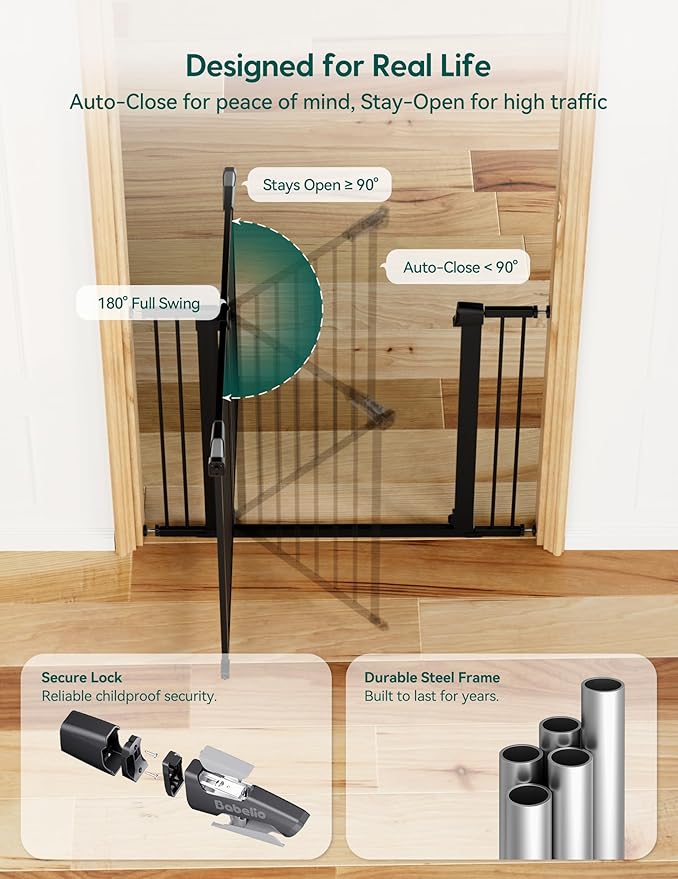 Babelio 36" Tall Baby Gate, 29-48" Auto-Close and Pressure Mounted Baby Gate for Stairs, Doorways, Hallway, PressGuard P7, Easy Walk Thru Pet Gate, Black