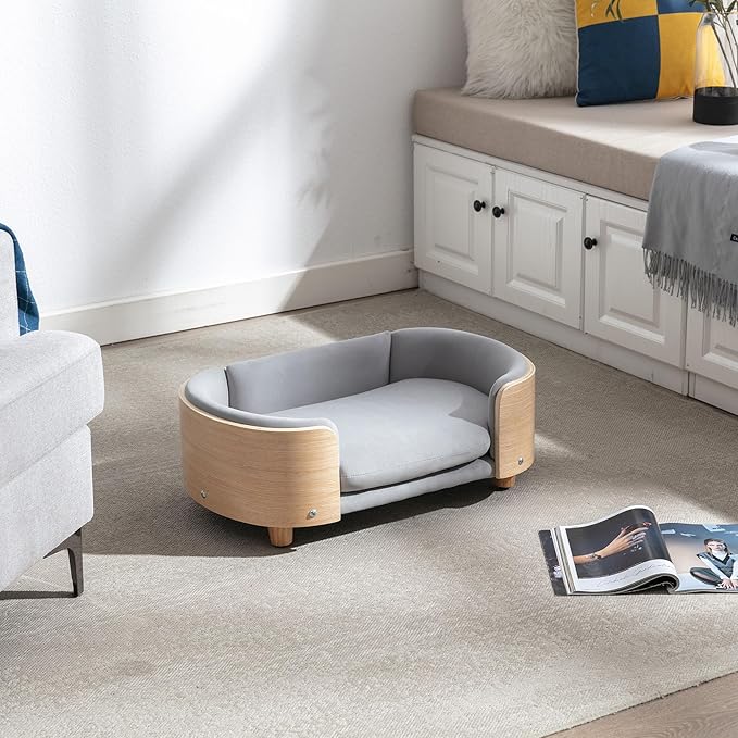 Elevated Dog Bed Pet Sofa with Solid Wood Legs and Bent Soft Backrest, Pet Cat Stool Bed with Velvet Cushion,for Small and Medium Size Dogs Kitten, Light Gray, Small Size
