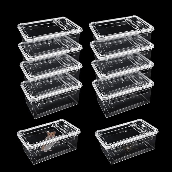 10 PCS Reptile Feeding Box, Isopod Enclosure Plastic Terrarium, Reptile Breeding Box for Bearded Gecko Dragon Lizard Spider Frog, Rreptile Carrier (Clear) (Clear, 7.5x4.9x3 in)