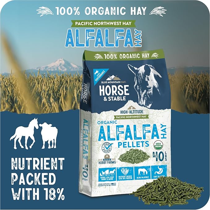 Blue Mountain Hay High Altitude Organic Alfalfa Hay Pellets (40 lb), Ultra Premium Nutrient Dense Forage, Small Quick Soaking Low Dust Pellets, Easy to Measure, Automatic Feeder Friendly