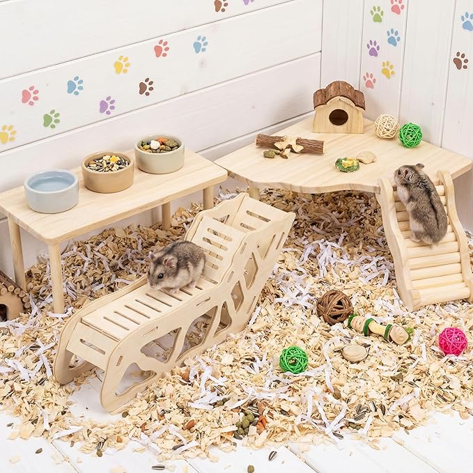 BreezeHug 4 Pcs Hamster Platform Hideout Wooden Tunnel Ladder Playhouse Hamster Game Climbing Toy with Platform Cage Accessories for Small Pets Dwarf Syrian Mice Degus Gerbils Squirrel(Tunnel)