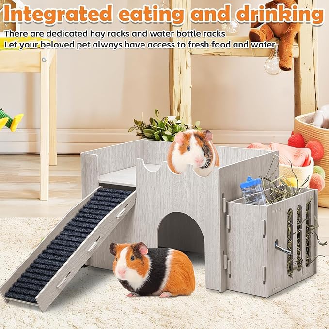 PINVNBY Large Wooden Guinea Pig Hideout with Water and Hay Feeder Ramp Easy to Assemble Wood Bunny Castle Hamster House for Small Animal Chinchilla Rat Rabbit Bunny Hedgehog