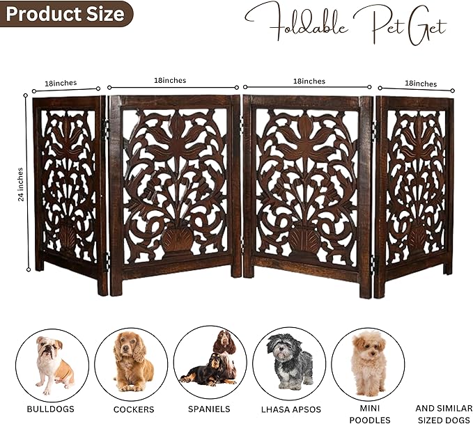 Lightnpro Wooden Dog Gate -Foldable Freestanding Pet Gate for Indoor Use, Adjustable Safety Barrier for Dog, Puppies & Small Pets, for Stairs & Doorways- 24" Height 18" Wide (4 Panel) Natural Burnt