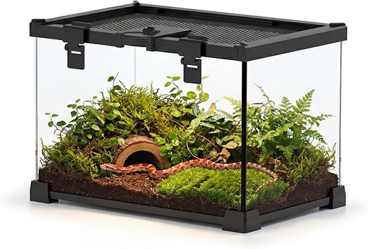 12"x8"x8" Mini Reptile Glass Terrarium, Top-Opening Vivarium with Escape-Proof Lock & Feeding Door, Suitable for Small Reptiles Such as Hatchling Snakes, Tarantulas & Beetles.