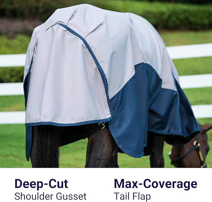 Horse Turnout Rain Sheet | 600 Denier Ripstop Turnout Blanket No Fill (0g) | Waterproof Lightweight Breathable | Tear-Resistant Outer & Rub-Free Silky Inner | Grey/Navy - 70 in
