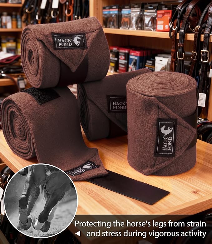 Fleece Horse Polo Leg Wraps Set of 4, 10' Horse Leg Bandages Stable Supplies Equestrian Boots Dark Brown