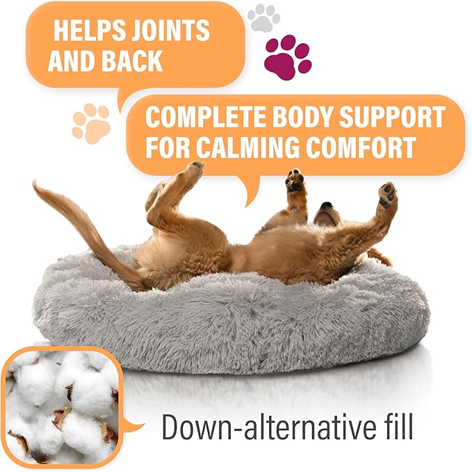 Active Pets Premium Large Donut Dog Bed, Fits Up to 100 lbs, Removable Cover & Washable Cushion, Plush Long Pile Faux Fur Fabric, Portable Dark Grey Pet Bed Furniture for Big Adult Canines & Cats