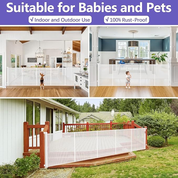 Reinforced 42" Tall Retractable Baby Gates 96" Wide Retractable Dog Gate with Support Rods-Prevent Crawling Under Long Baby Gate Extra Tall Dog Gate Indoor/Outdoor Retractable Gate, White