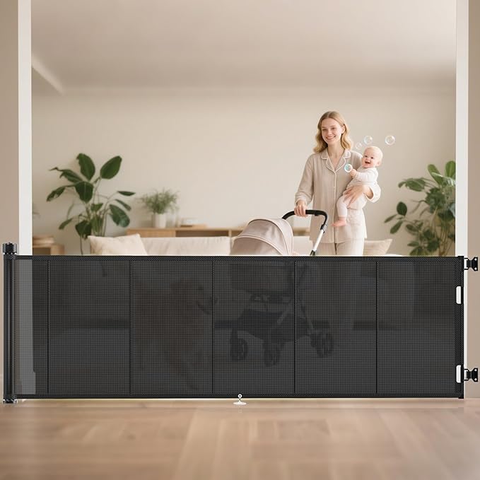 Miumoon 120 inch Retractable Baby Gates 42 inch Tall, Retractable Gate with Reinforced Strip Design to Prevent Crawling Through, 10 FT Extra Wide Retractable Dog Gate for Indoor/Outdoor