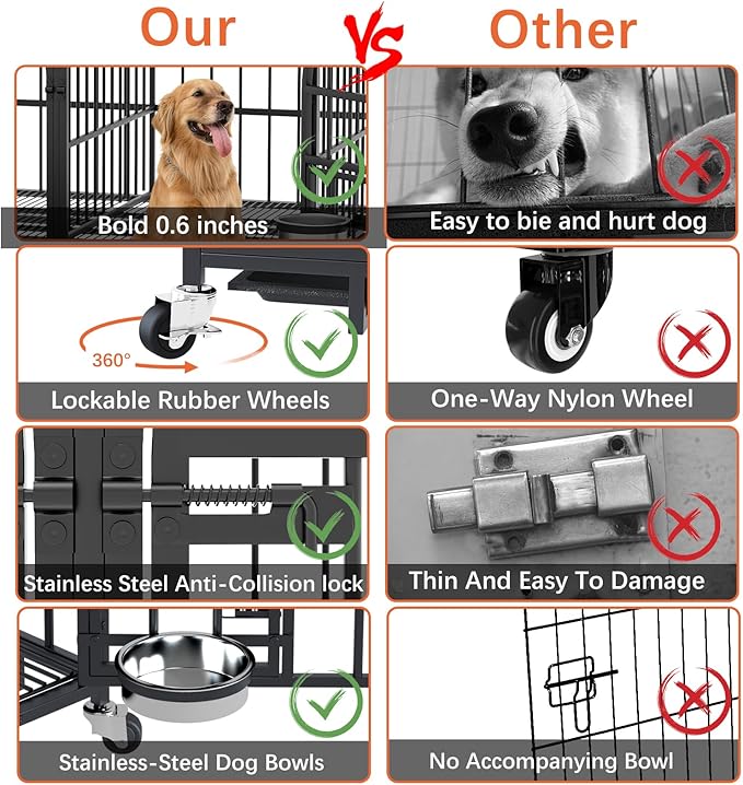 Dosker 42 inch Heavy Duty Metal Dog Crate Cage with Divider for 2 Dogs/Large Dog,All Metal Open Top Escape Proof Cage,Dog Kennel Indoor with Wheels,Floor Grid,Tray,Feeding Bowl
