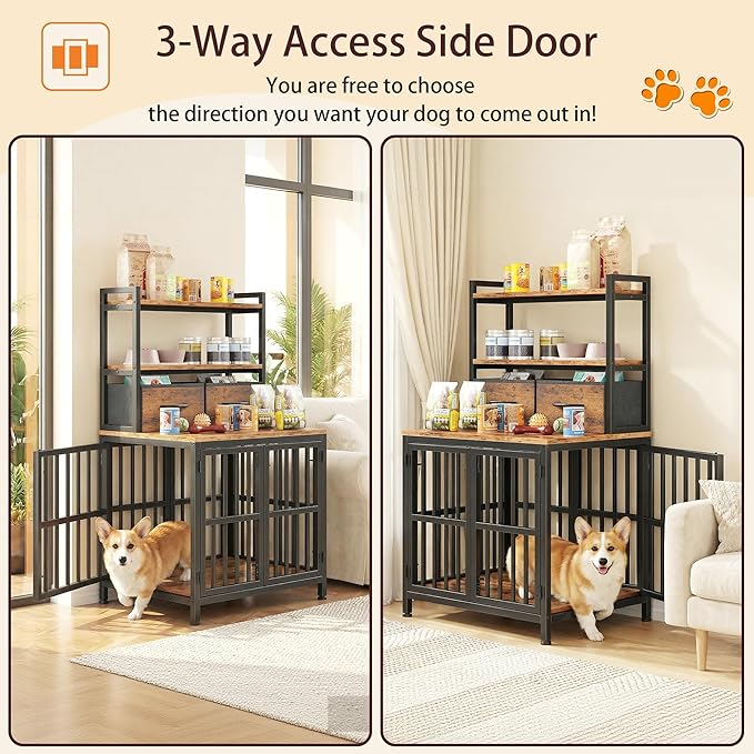 HIGDBFE Dog Crate Furniture with Drawer & Shelf, 25.5" Small Dog Crate with 4 Lockable Doors, Indoor Dog Kennel for Small Dogs, Anti-Chew Dog Cage with Storage, Rustic Brown, 43.7" H
