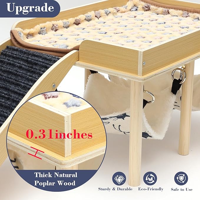 Guinea Pig Hideout Castle, Wooden Chinchilla House with 2 Stairs and Hammock, Small Animals Habitats Hut Accessories for Hamsters Bunny Rabbit Hedgehog Playing Hiding, Easy Assembly