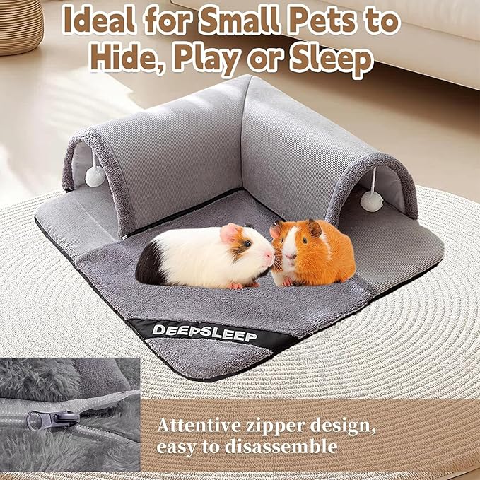 PINVNBY 3Pcs Guinea Pig Hideout Tunnel Tube with Removable Base & 2 Liners and Washable Soft Rabbit Bed & Small Animal Tunnel Tube Cage Accessories for Chinchillas, Hamsters, Ferrets, Bunny（Gray）