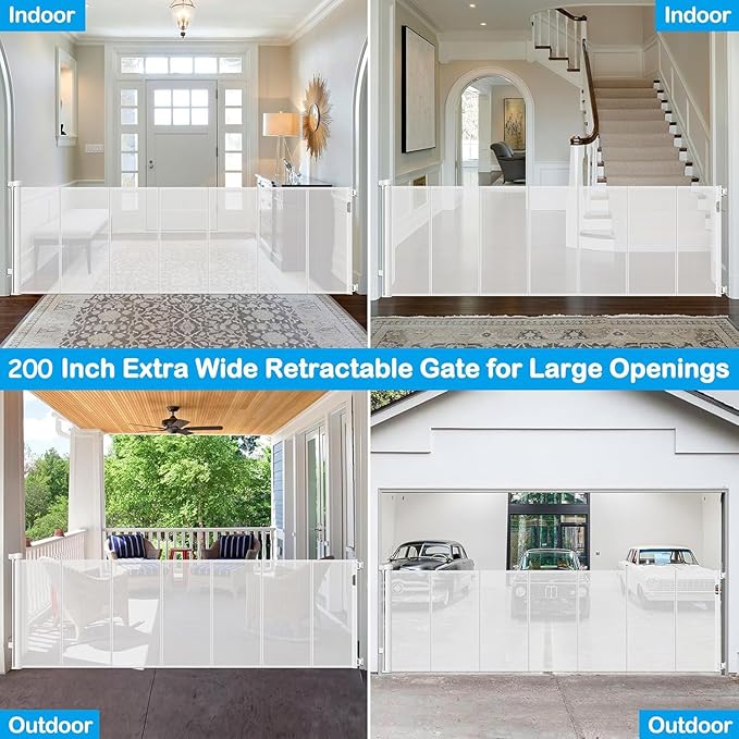 Reinforced 42" Extra Tall Retractable Baby Gates for Doorway, 200" Retractable Dog Gate With Support Rod, 16ft Extra Long Baby Gate for Large Opening, Bottom Anti-Crawl Indoor/Outdoor Mesh Child Gates
