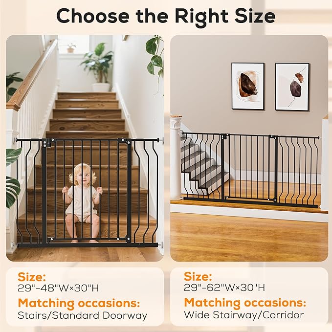29-43" Baby Gate for Stairs, Baby Safety Essentials, Auto Close Gate for Doorways, Easy Install Pressure Mounted Dog Gate Indoor, Pet Gates for Dogs, Black