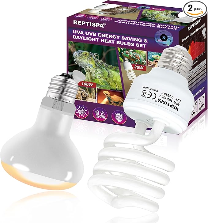 Heat Lamp Combo, 100W UVA Daylight Reptile Heat Lamp Bulb and 26W Desert 10.0 UVB Light for Reptiles, Energy Saving UVB Bulb, Infrared Basking Light for Bearded Dragon, Turtle and Lizard