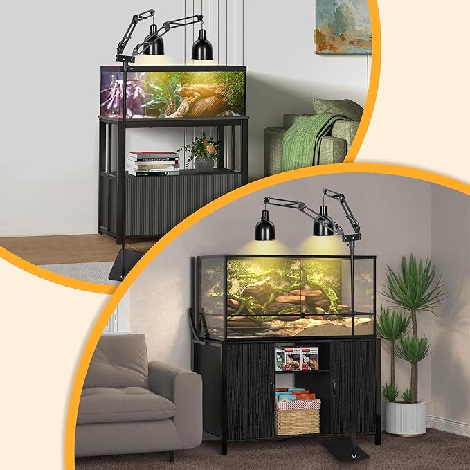 Enhon Reptile Heat Lamp Stand, Dual Reptile Light Stand with Two Flexible Brackets, Adjustable Heat Lamp Stand (15.7-74.3inch) with 360° Swing Arm and Anti tip Clip for Bearded Dragon Turtles Snake
