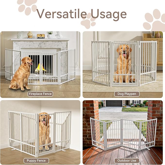 SNUOWU Full Metal Freestanding Dog Gate with Door, 32''Height Foldable Pet Dog Fence for Indoor & Outdoor, 6 Panels Extra Wide Free Standing TallDog Gates for Doorways,House,Stairs,Porch,Deck,Yard