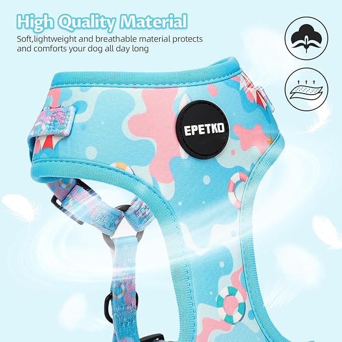 Small Dog Harness and Leash Set of 6, No Pull Soft Lightweight Mesh Puppy Harness， Adjustable Cute Floral Pattern Pet Harness for Small Medium Dogs (Blue Sea, M)