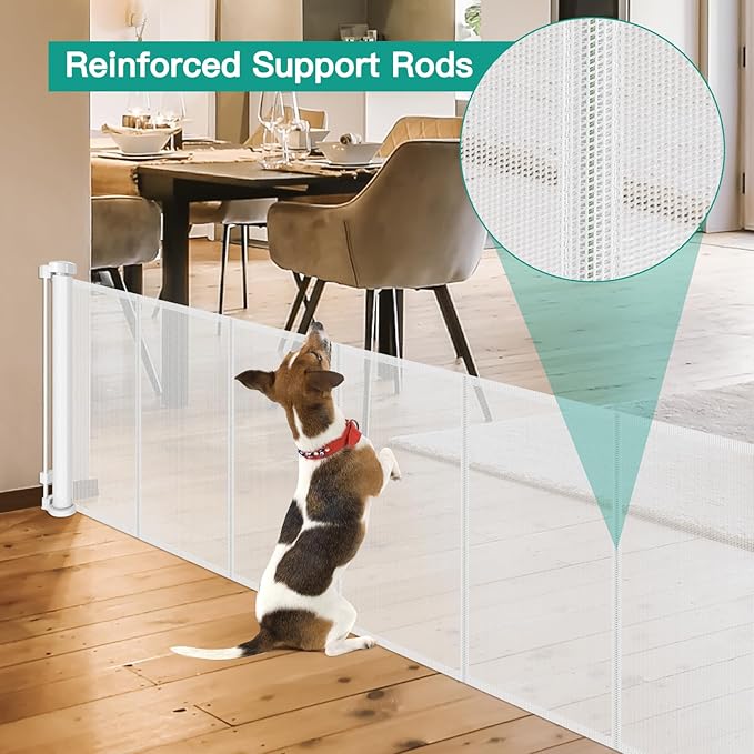 24 Inch Tall x 75 Inch Extra Wide Retractable Dog Gate for The House, Short Dog Gate to Step Over, Reinforced Mesh Puppy Gate for Doorways, Step Over Pet Gate for Stairs, Indoor/Outdoor, White