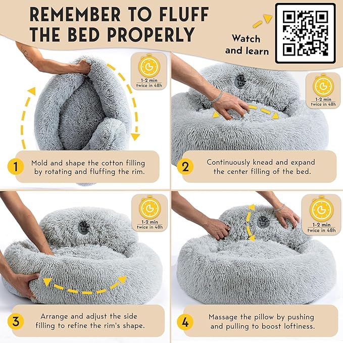 PetJett Calming Dog Bed Medium Size Dog - 30'' Donut Bed, Washable Dog Bed - Anti-Slip Super Soft Fluffy Plush Round Bed, Anti-Anxiety Premium Comfort Pet Bed, Fits Dogs up to 45 lbs - Bright Grey