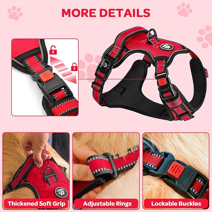 FURRYFECTION Plaid Dog Harness for Small Dogs, Reflective No Pull Adjustable Pet Vest with Front Clip, Leash, Easy Control Handle and Seat Belt, Red, S