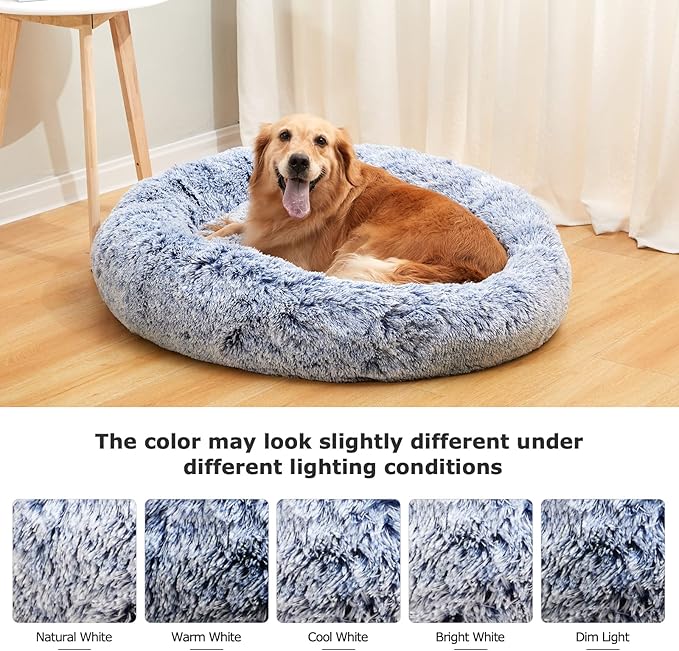 Bedfolks Calming Donut Dog Bed, 23 Inches Round Fluffy Dog Beds for Small Dogs, Machine Washable Anti-Anxiety Plush Puppy Bed（Navy Blue, Small）
