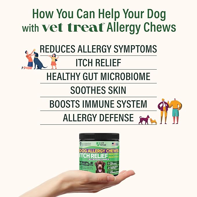 VET TREAT Dog Allergy Relief Chews - 120 Dog Allergy Chews - Itch Relief for Dogs - Anti Itch for Dogs - Dry & Itchy Skin - Allergies & Immune Support Supplement, Omega 3 Fish Oil, Probiotics - USA