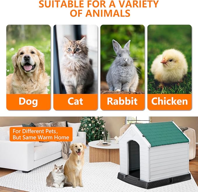 ZENY Plastic Dog House - Waterproof Dog Kennel with Air Vents and Elevated Floor All Weather Indoor Outdoor Insulated Doghouse Puppy Shelter, Easy to Assemble (Green, 28inch)