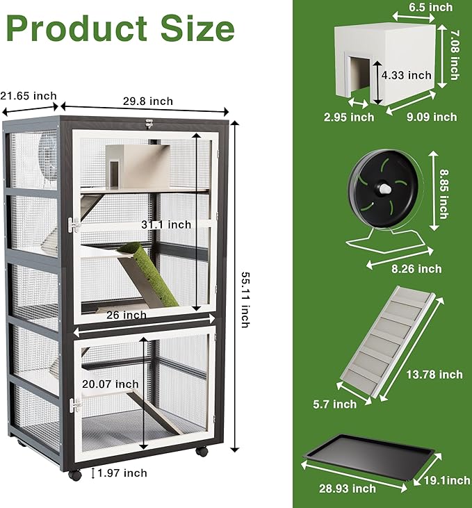5-Tiers Small Animal Critter Cage Large Ferret Cage 55''H Chinchilla Cage with Easy-Clean Removable Tray, Hamster Wheel, Tunnel, House, Ramp & Cover, Lockable Wheels, for Indoor & Outdoor