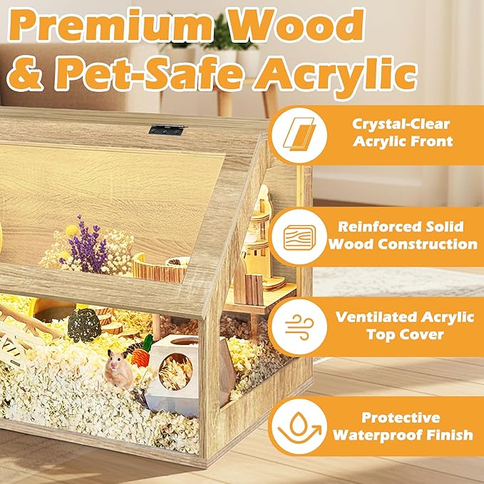 PROLEE Hamster Cage Chewproof, Sloped Mice and Rat Habitat with Clear View, Solid Built with Lockable Design and Openable Top (White Oak)