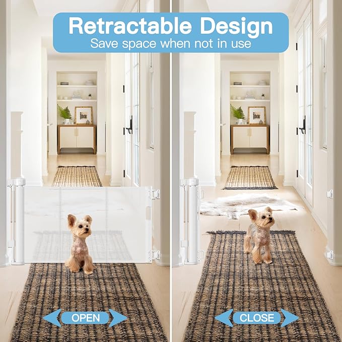 Short Dog Gate 0"-39" Wide Narrow Baby Gate 24” Tall Retractable Baby Gate to Step Over Short Gate for Stairs Low Pet Gate Indoor Mesh Doggie Gates Puppy Gate for Doorway, White